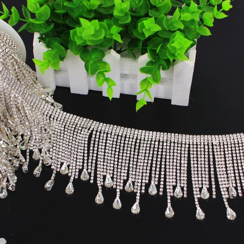 1 Yard Handmade Silver Sewing Tassel Fringe DIY Sew on Trimming Bridal Crystal Clear Rhinestone Patch Appliques for Bridal Dress