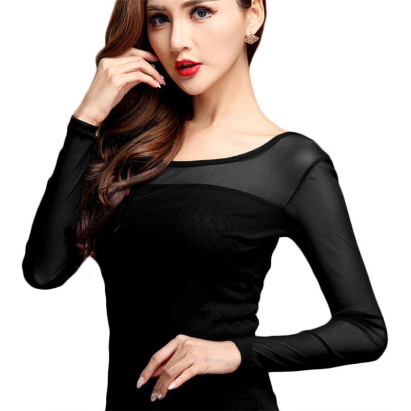 Womens blouse black white casual long sleeve lace under shirts elastic tops