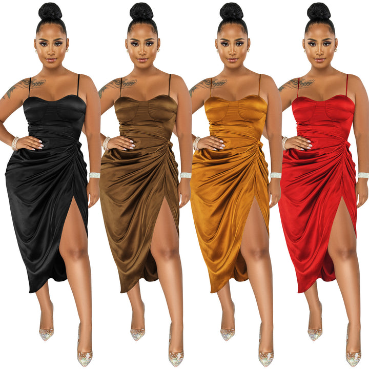 Fashion ruched luxury satin silk womens dress long slit style