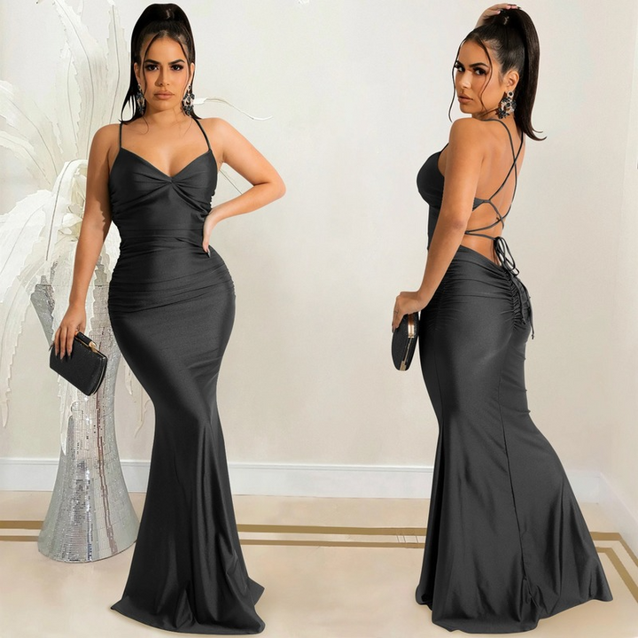 Women satin long midi dress sleeveless backless elegant party