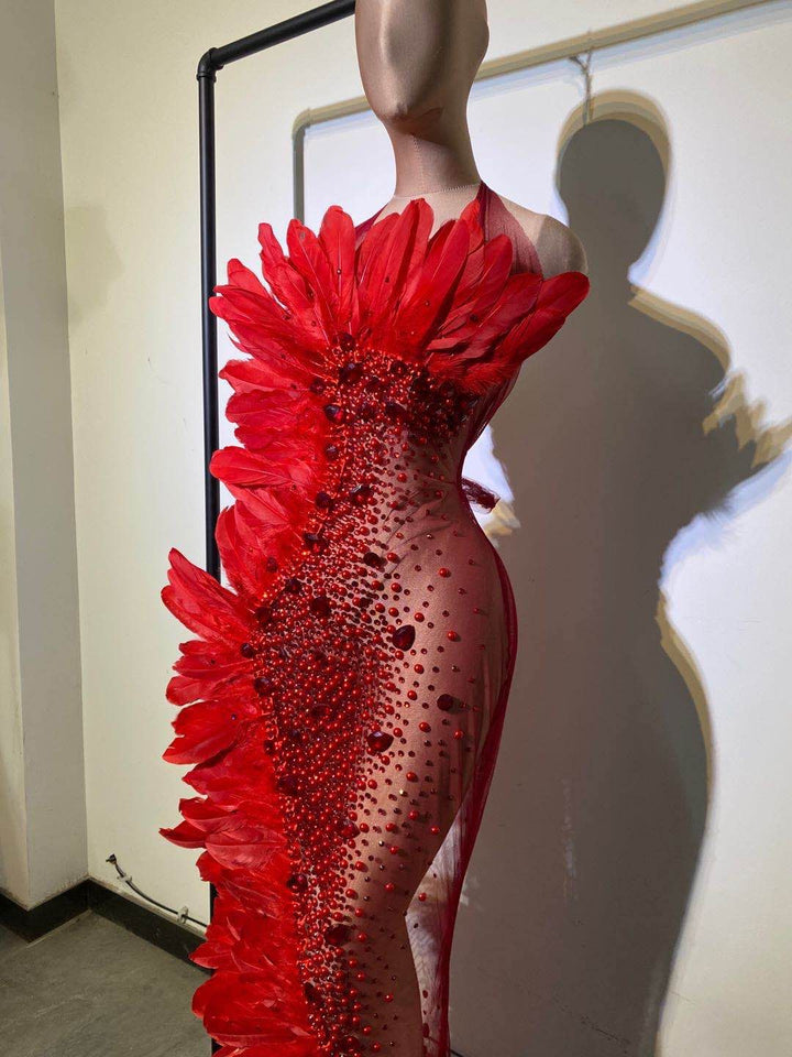 Red crystal see through feathers mermaid dress womens rhinestone