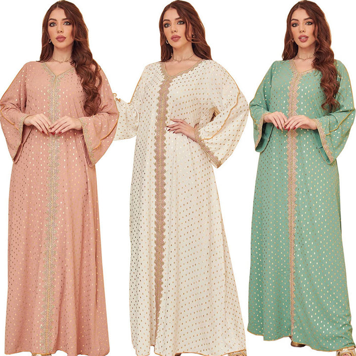 Hotstamping muslim robe women kaftan rhinestones lace long sleeve dress