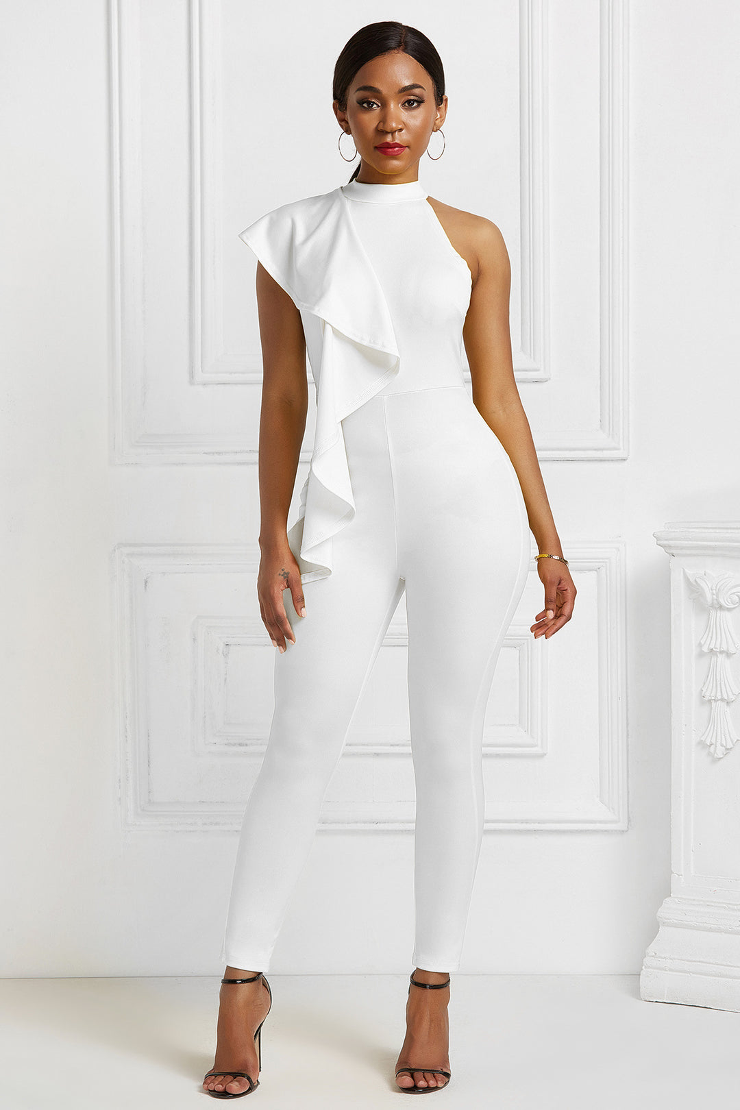 White elegant one shoulder office wear for women ruffled collar 1 pc jumpsuit