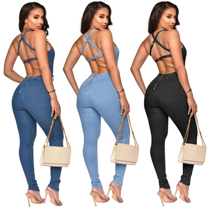 Denim womens rompers spaghetti straps long skinny backless 1 pc overalls