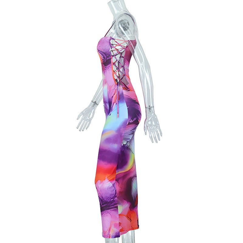 Colorful womens midi print sling dress side cutout bodycon