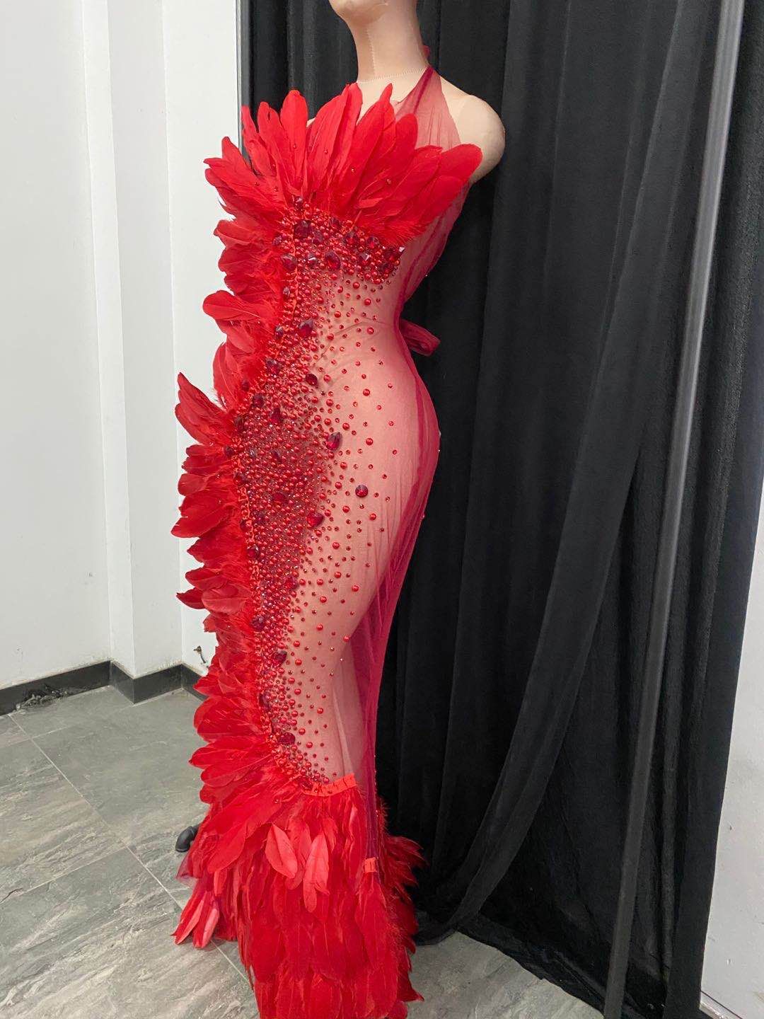 Red crystal see through feathers mermaid dress womens rhinestone