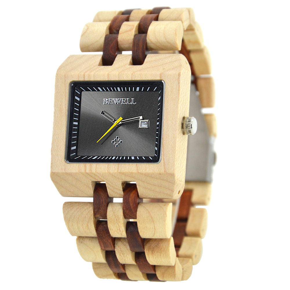 Movement wooden watch bewell with square face