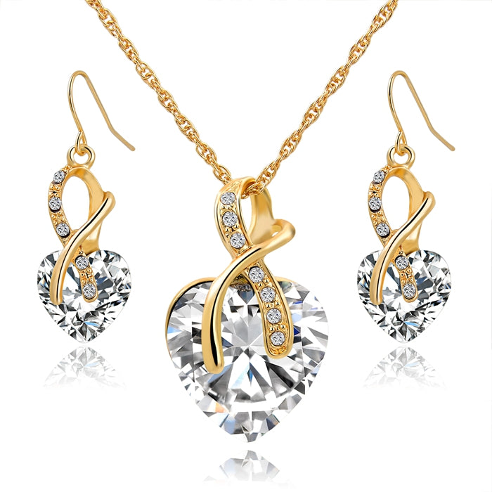 Austrian crystal necklace earrings gold heart crystal jewelry set for women