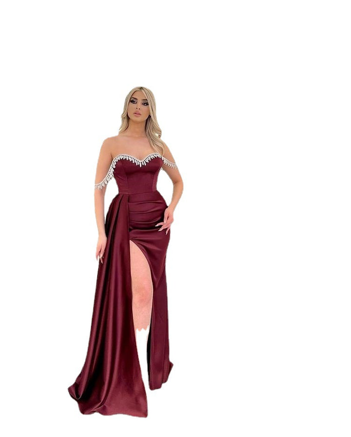 Crystal bridesmaid dress champagne off shoulder mermaid silk satin gowns