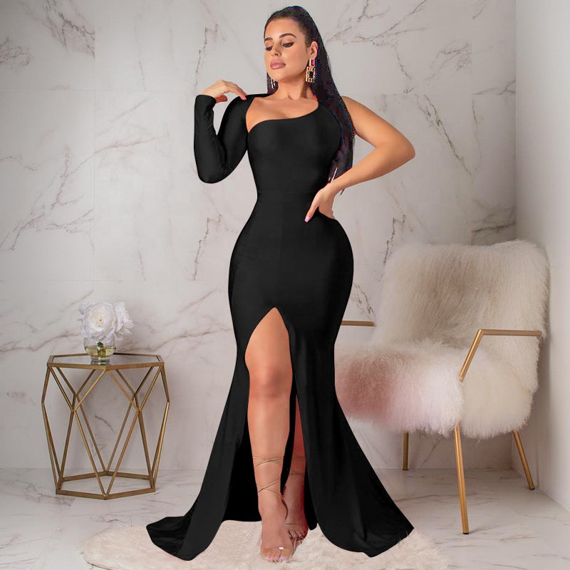 Black one shoulder bodycon backless split elegant dress for women