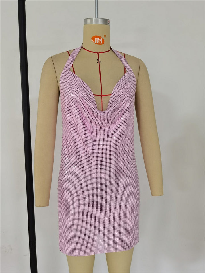Crystal metal halter shining womens mini dress beach sequin