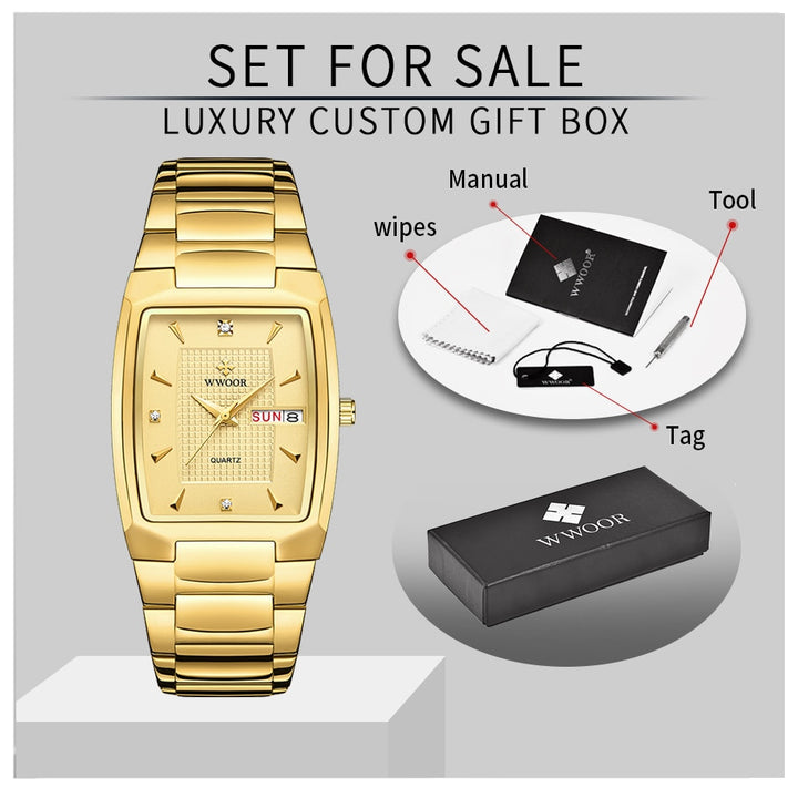 New square mens luxury stainless steel gold plated quartz wrist watches