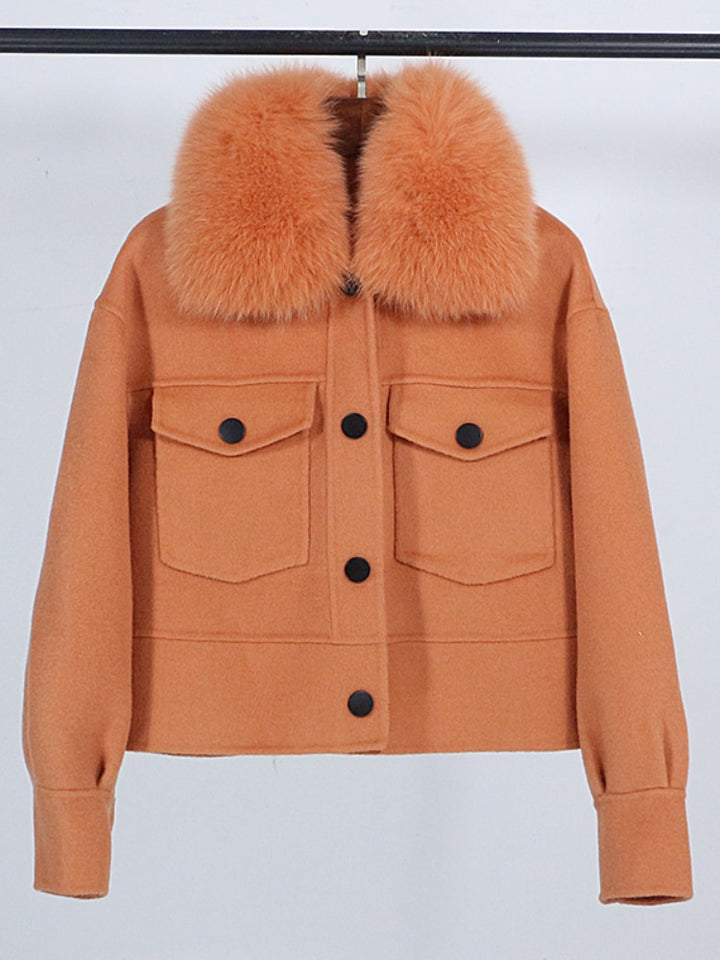 Wool blend womens winter jacket real fur collar pockets outwear