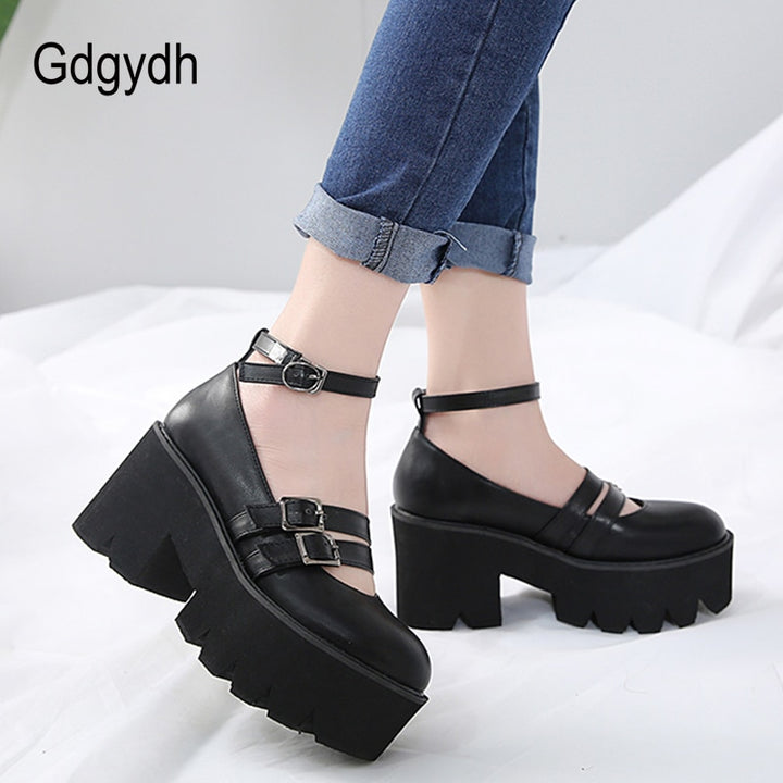 Gdgydh Womens Pump Gothic Shoes Ankle Strap High Chunky Heels Platform Punk Creepers Shoes Female Fashion Buckle Comfortable