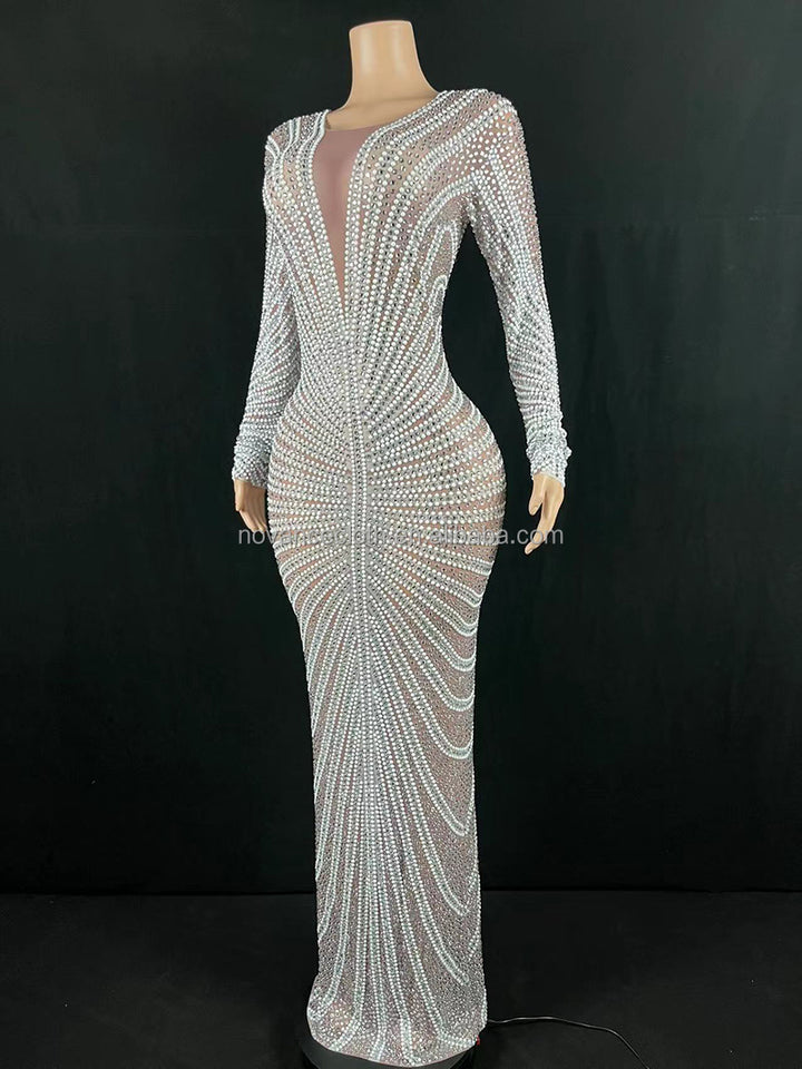 Womens dress shiny sequined crystal appliqued long gown