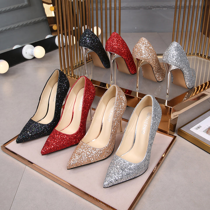 Wholesale Price Women Shoes Big Size Electroplate Women High Heel Point Toe Pump Shoes Young Girl Dress Shoes for Women