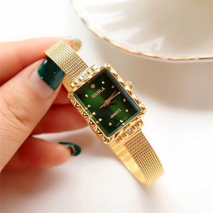 Fashion 18k gold plated waterproof womens mesh belt square quartz