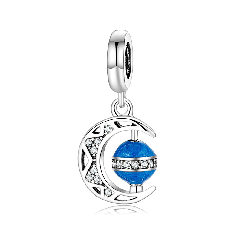 Silver clear cz curved moon blue planet rotatable pendant charms for bracelet-jewelry