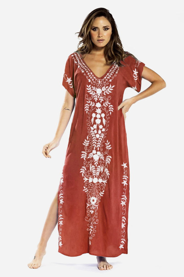 Women Maxi Dress Loose Cover Up Short Sleeve v Neck Side Split