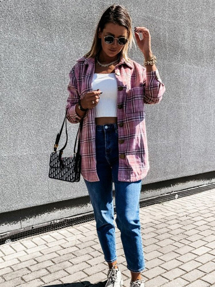 Autumn Winter 2021 Women Top Button Jacket Coat Fashion Casual Vintage Plaid Elegant Single Breasted Long Sleeve Outerwear Tops