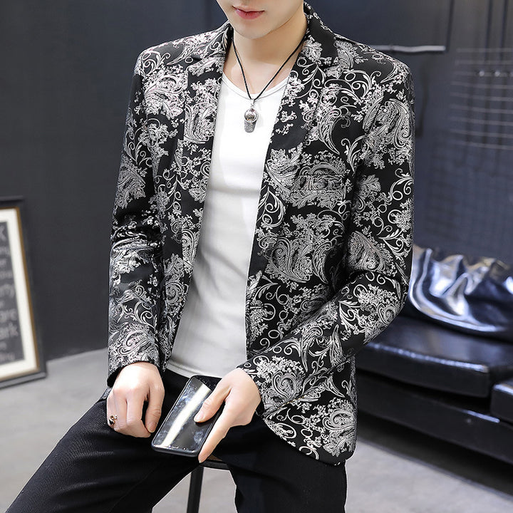 Men Blazer Suit Printed Slim Lapel Collar Casual Mens Suit Thin Jacket Youth Costumes