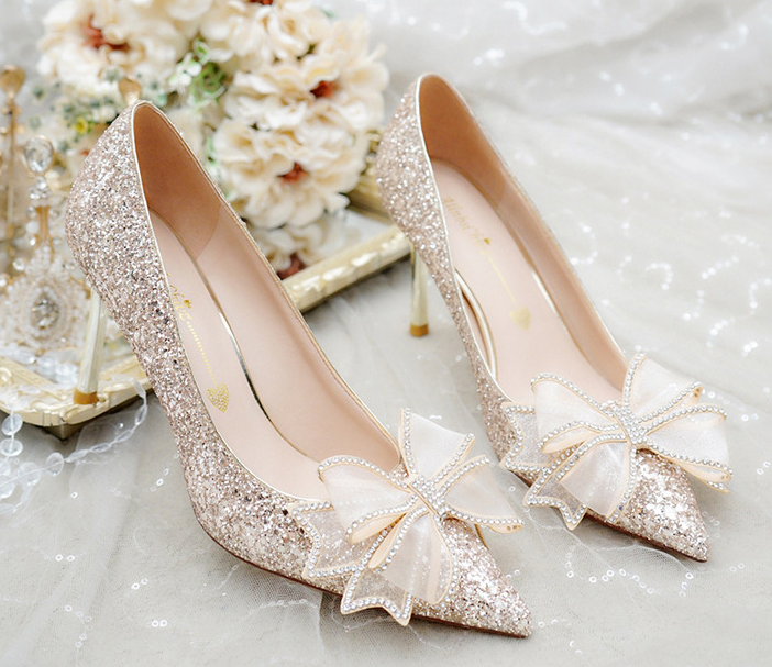 New Pretty Big Bow Lady Girls Dress Glitter Shoes Pointed Toe High Heels Bridal Wedding Pumps Shoes