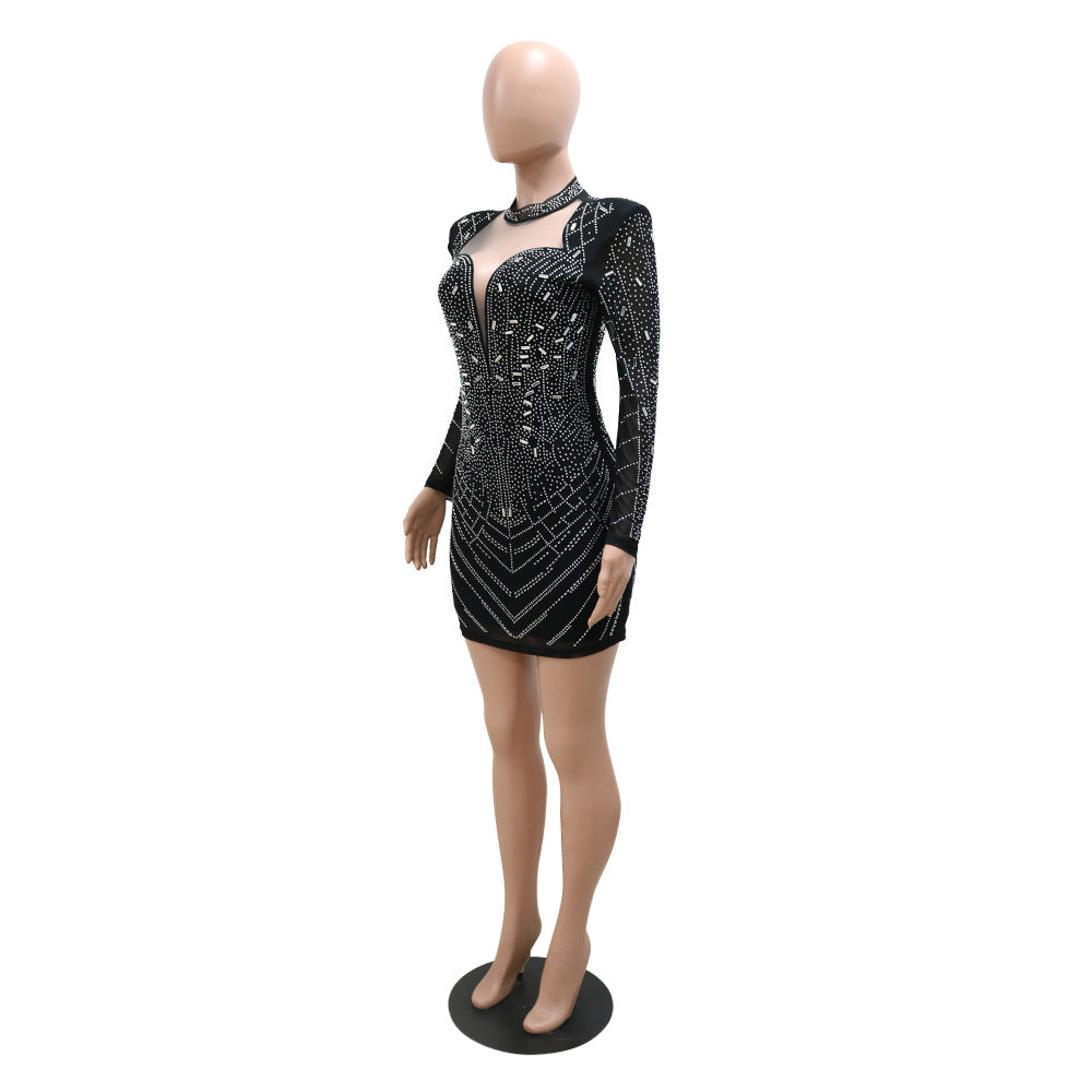 Hot sequin night dress womens party rhinestones club wear