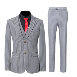 2021 New Men's Three Piece Suit Men's Korean Slim Business Dress Vertical Stripe Side Differential Two Buttons