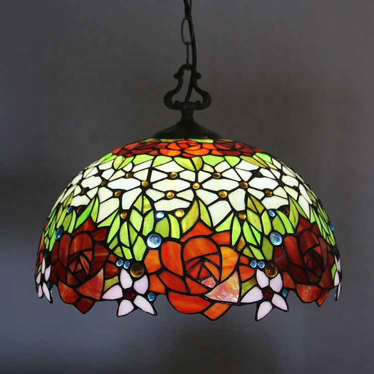 LongHuiJing Rose Tiffany Chandelier Ceiling Lights Colored Glass Restaurant Pendant Lamp