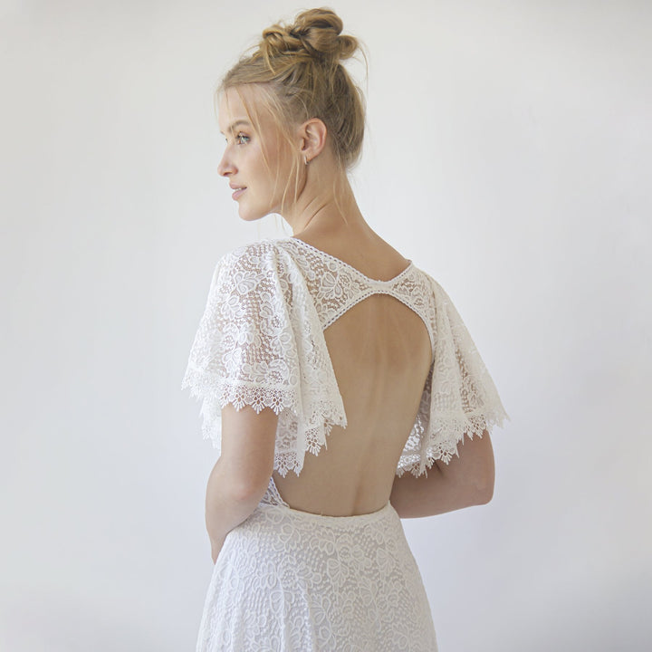 Open Back Wedding Dress, Lace Short Sleeves Bridal Dress #1360