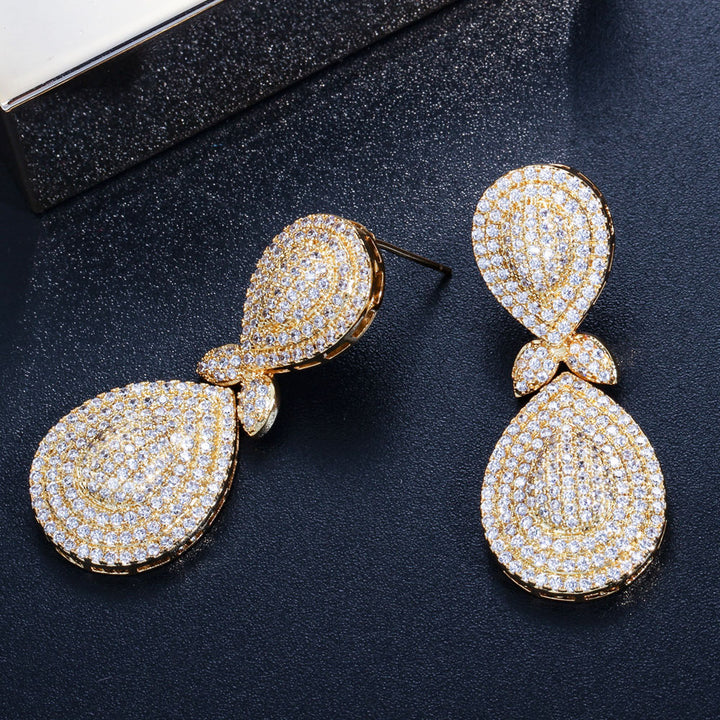 Jewelry micro cz cubic zirconia long golden plated bridal earrings for women