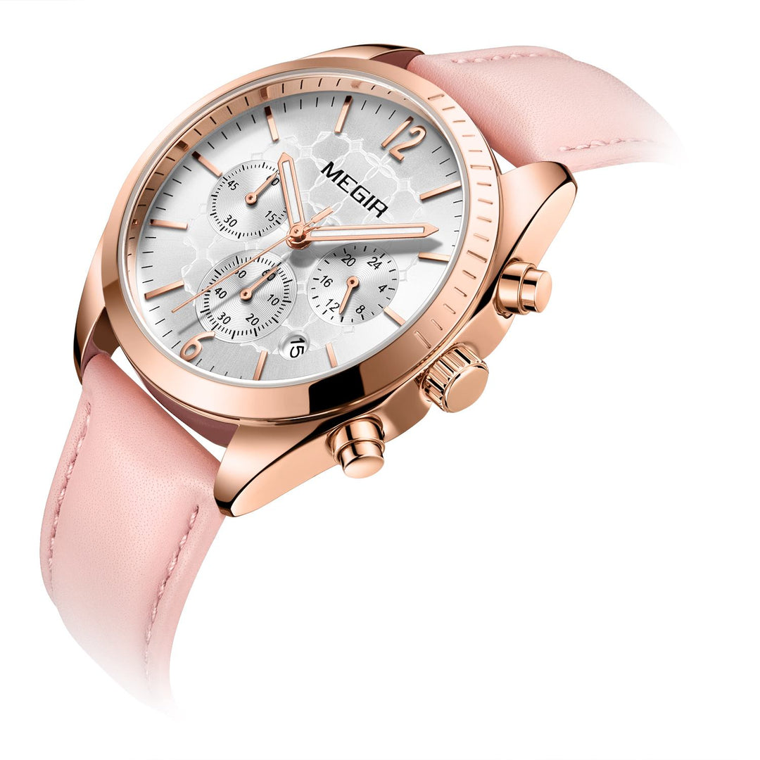 Womens waterproof top brand chronograph genuine leather bracelet watch