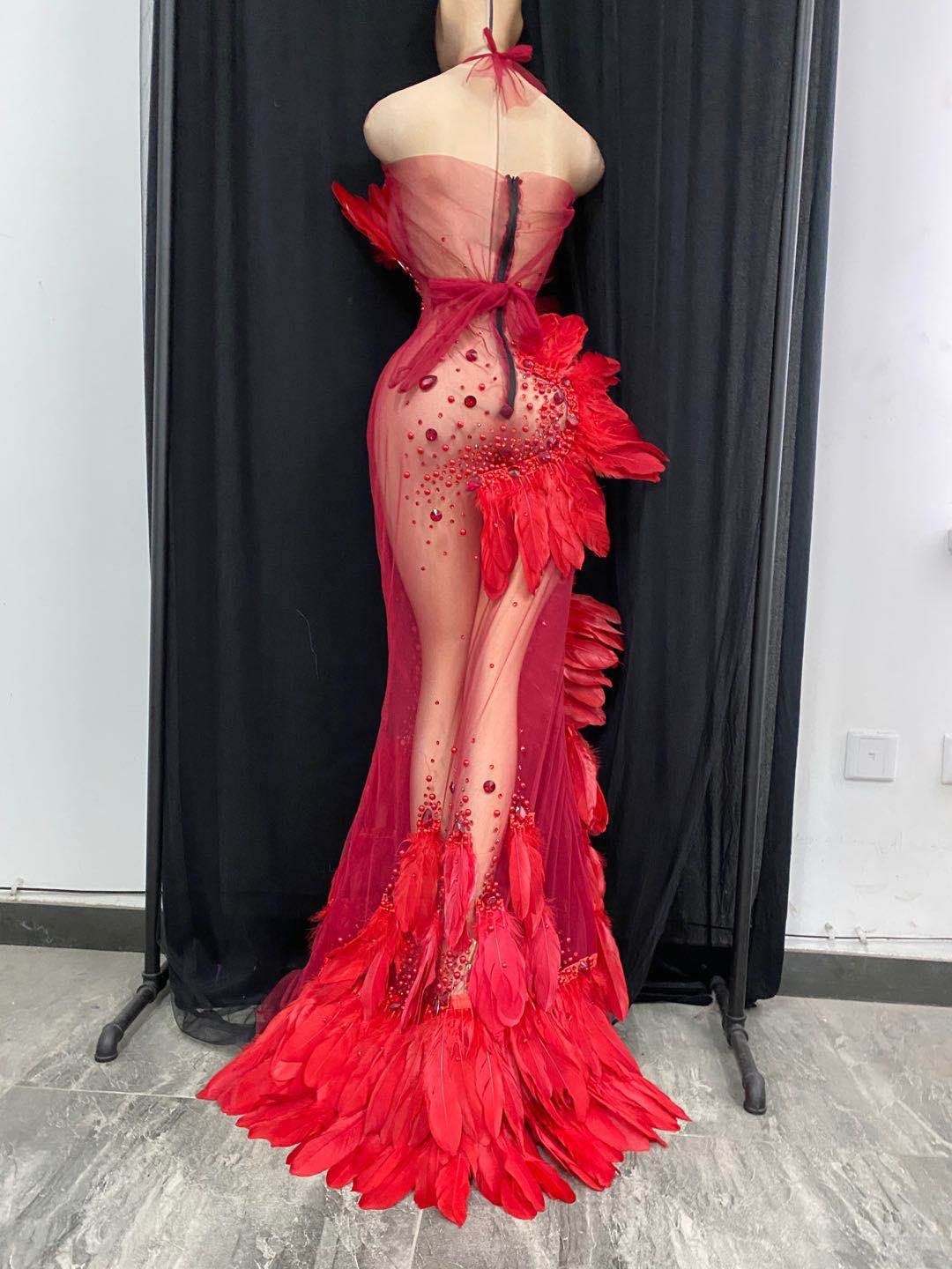 Red crystal see through feathers mermaid dress womens rhinestone