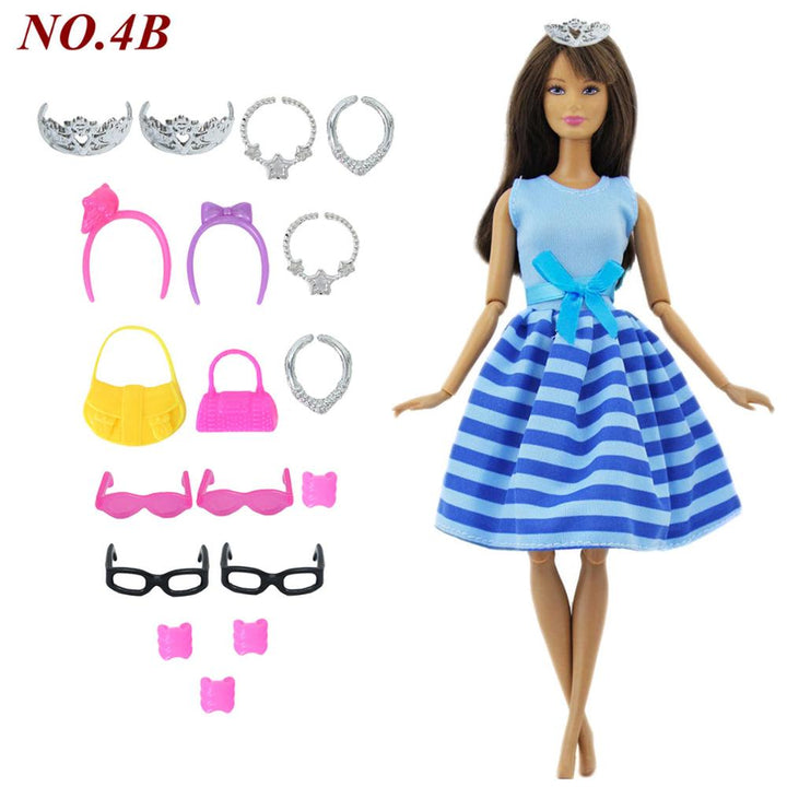 14 Pcs / Lot = 1x Fairy Tale Doll Dress + 13x Random Accessories Shoes Handbag Glasses Clothes for Barbie Doll Baby Girl Toys