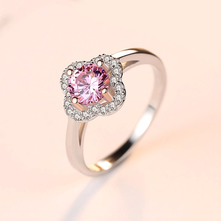 Womens 925 silver flower shape wedding ring with clear pink zircon crystal stone