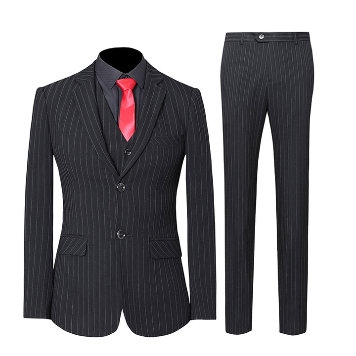 2021 New Men's Three Piece Suit Men's Korean Slim Business Dress Vertical Stripe Side Differential Two Buttons