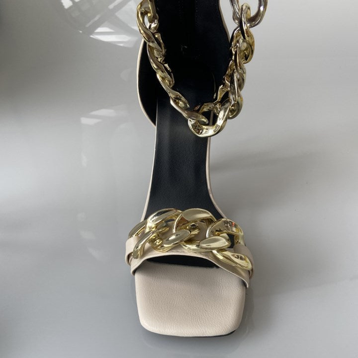 New design gold chain square head open toe women high heel sandal Apparel & Accessories > Shoes