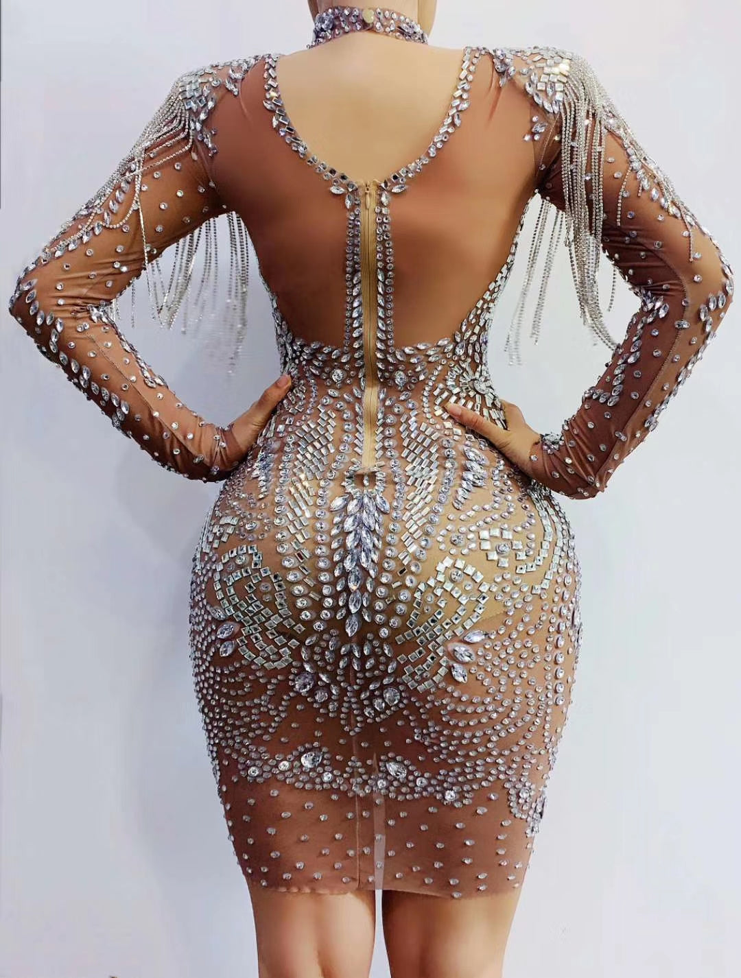 Luxury mesh see through crystal short wedding prom evening dress