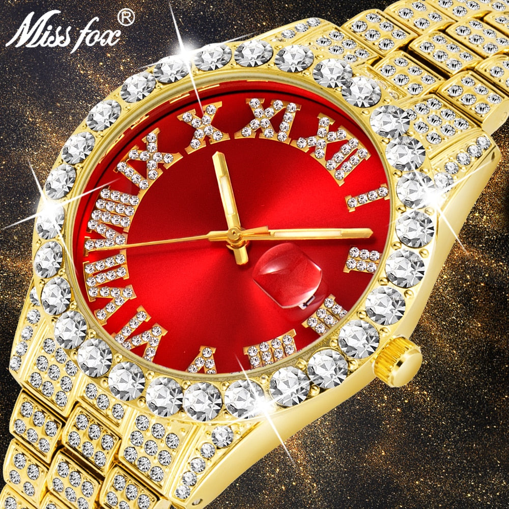 Mens watches modern diamond waterproof red top brand luxury 18k gold analog quartz