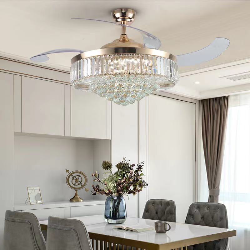 42inch Modern Ceiling Fans With Light Crystal Led Chandelier Pendant Fixture Retractable Blades Remote Control