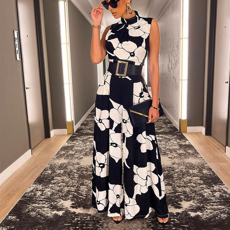 Elegant jumpsuit womens halter floral print long wide pants fashion rompers