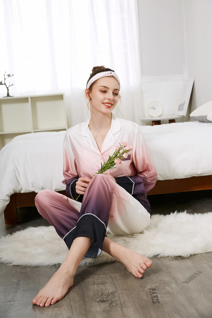 Womens silk satin pajamas set sleepwear loungewear long pajamas