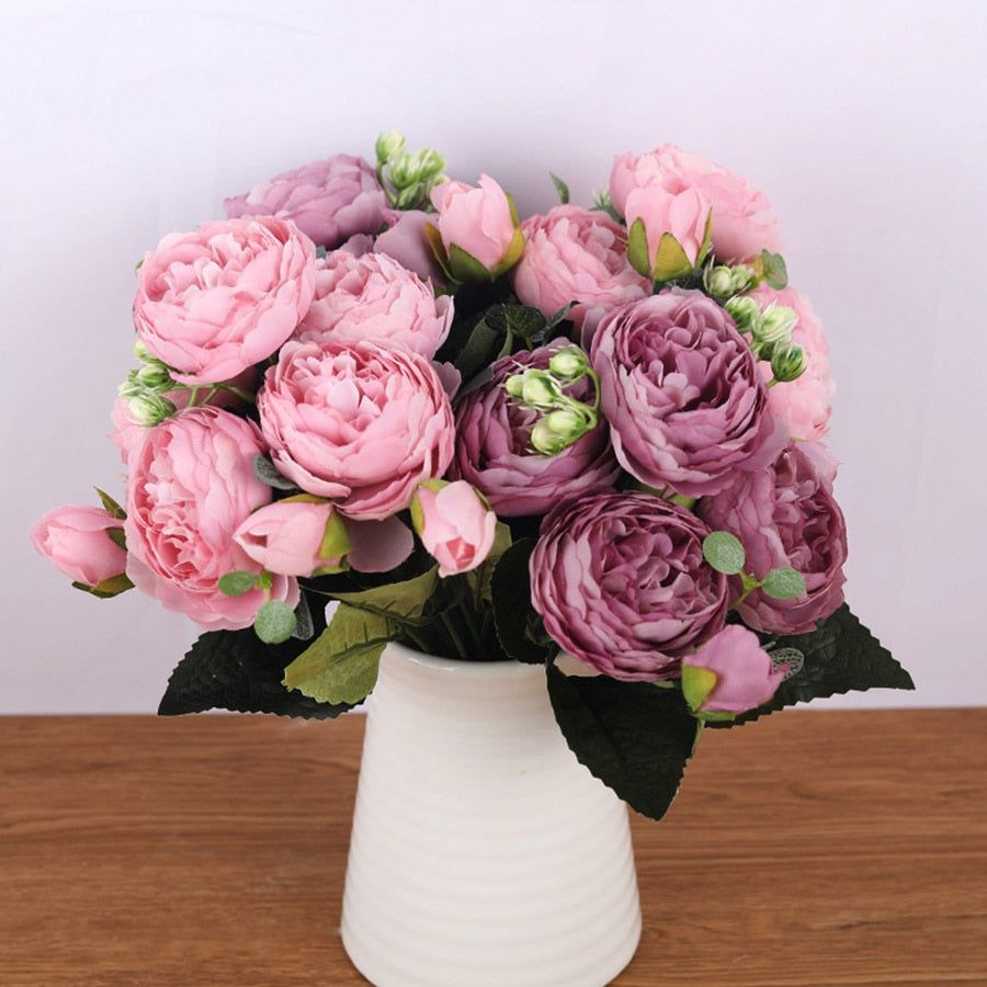 Rose pink silk bouquet peony artificial flowers 5 big heads 4 small bud bride wedding décor