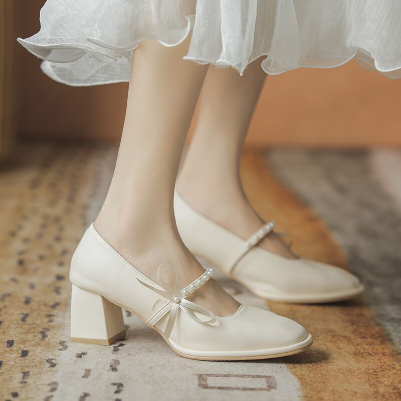 Square head bow mary jane Apparel & Accessories > Shoes women mid high heel retro pearl