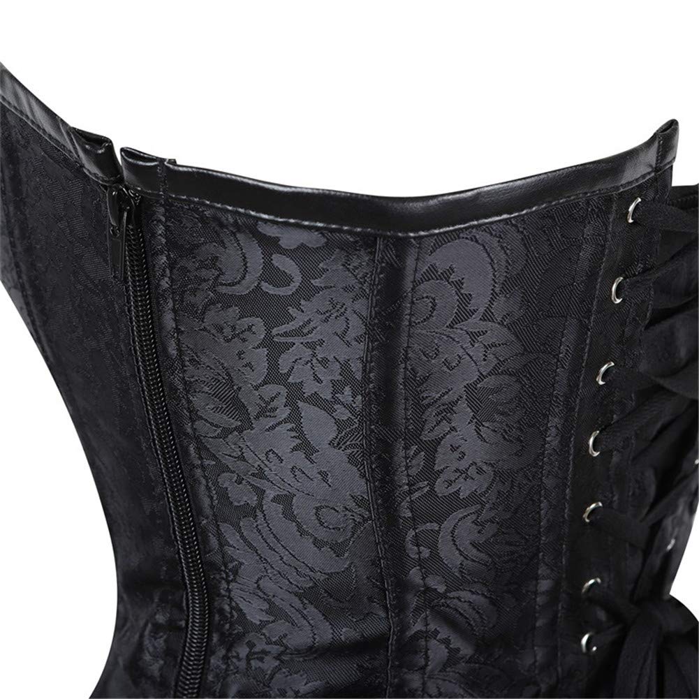 Womens steel boned lace up top zipper jacquard back ribbon corset