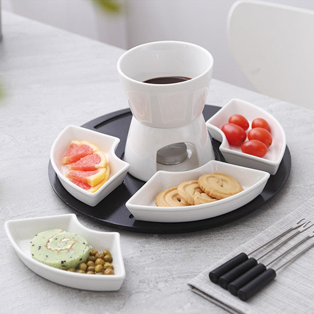 Ceramic fondue serving set for cheese chocolate icecream