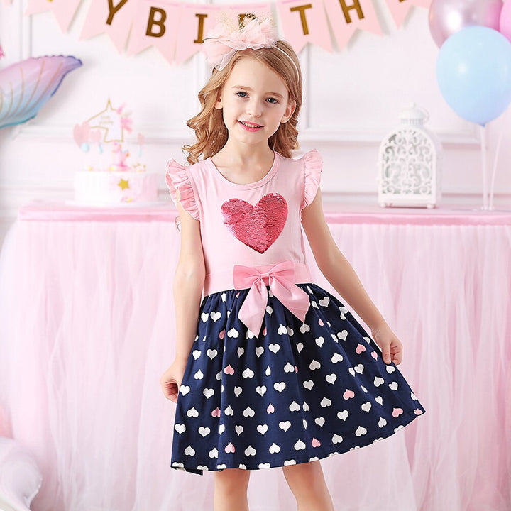 DXTON 2022 Girls Clothes New Summer Girls Dresses Flying Sleeve Princess Dress Sequin Heart Girls Vestidos Casual Children Dress