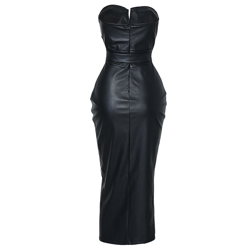 Srapless black pu leather maxi backless tight evening dress