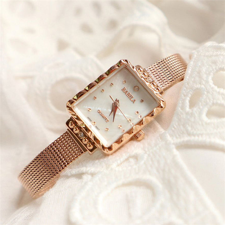 Fashion 18k gold plated waterproof womens mesh belt square quartz