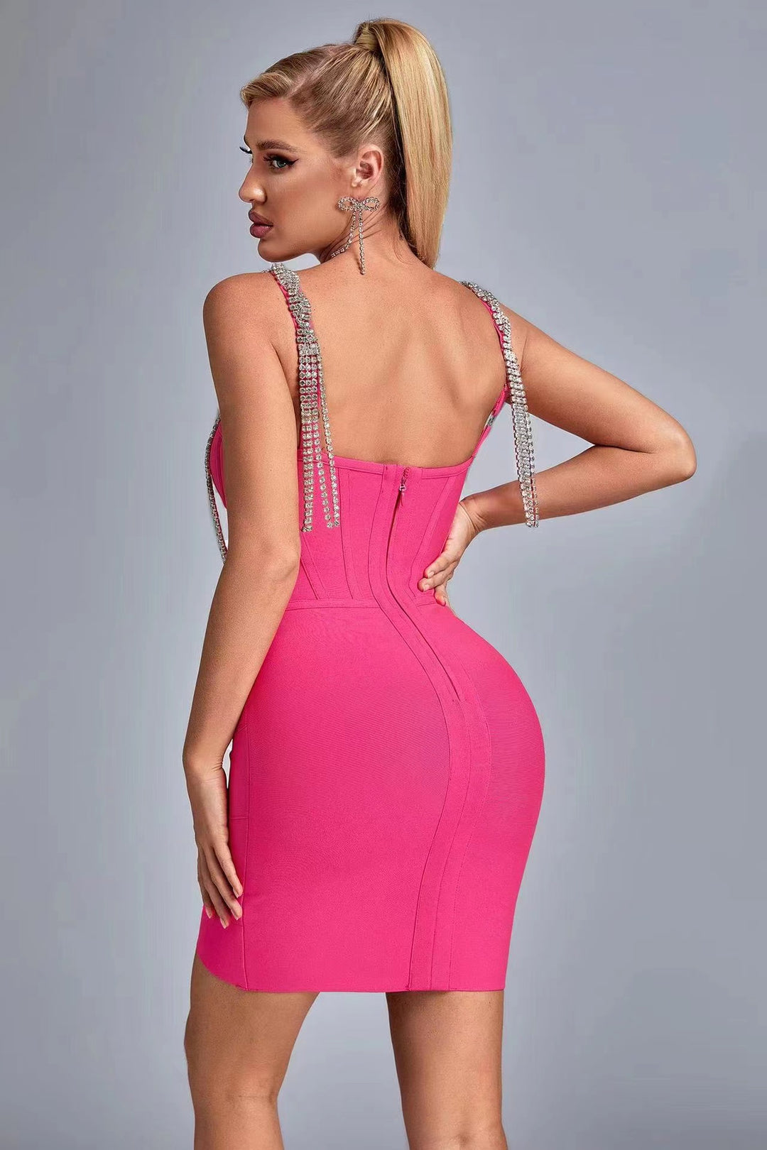 Crystal strap knitted women rhinestone party wear bodycon mini dress